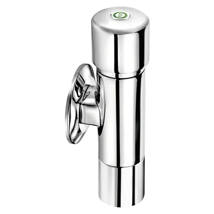 Grifo de descarga fluxor para inodoro 1000 Eco - Latón - Primer plano de un grifo de agua brillante con un botón redondo en la parte superior, adornado con un logotipo verde.