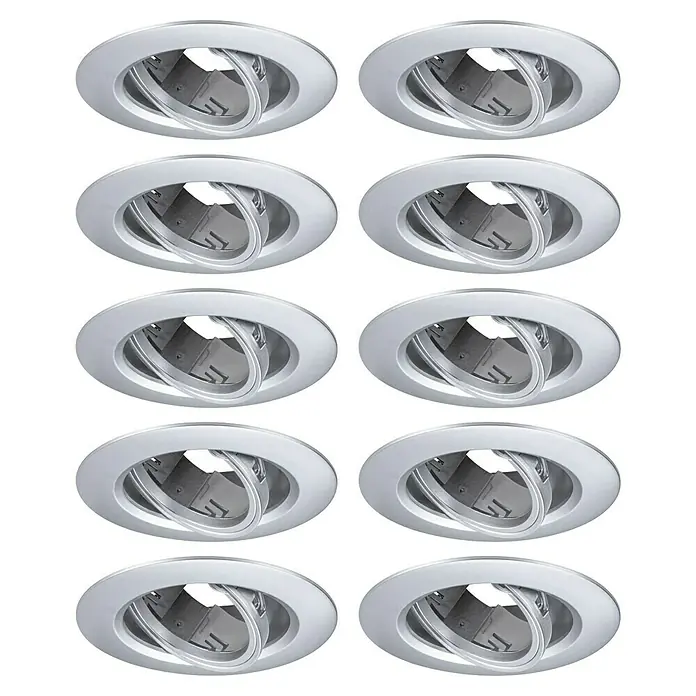 Paulmann Foco empotrable - 10 W, 9 cm, Plata, 10 ud., Orientable - Primer plano de diez luces empotradas cardán redondas con un acabado plateado, mostradas sobre un fondo negro.