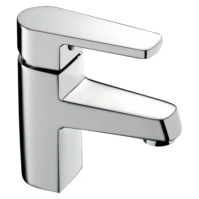 Cosmobath Oshawa Grifo de lavabo - Cromo, Brillante - Primer plano de un moderno grifo cromado para el baño o la cocina.