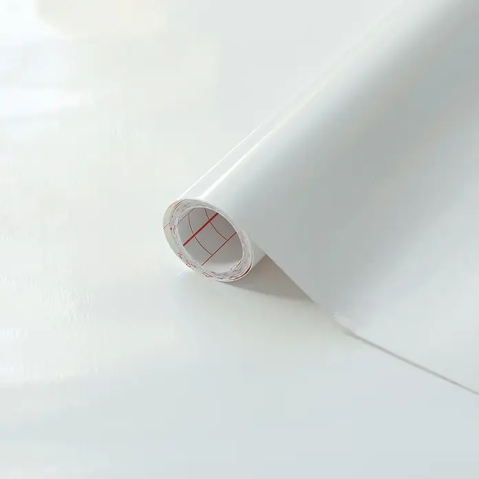D-c-fix Klebefolie Uni Lack - 200 x 67,5 cm, Weiß, Selbstklebend - Nahaufnahme einer Rolle glänzender, weißer selbstklebender Folie mit einem roten Rastermuster auf der Rückseite. Ideal für DIY-Projekte.