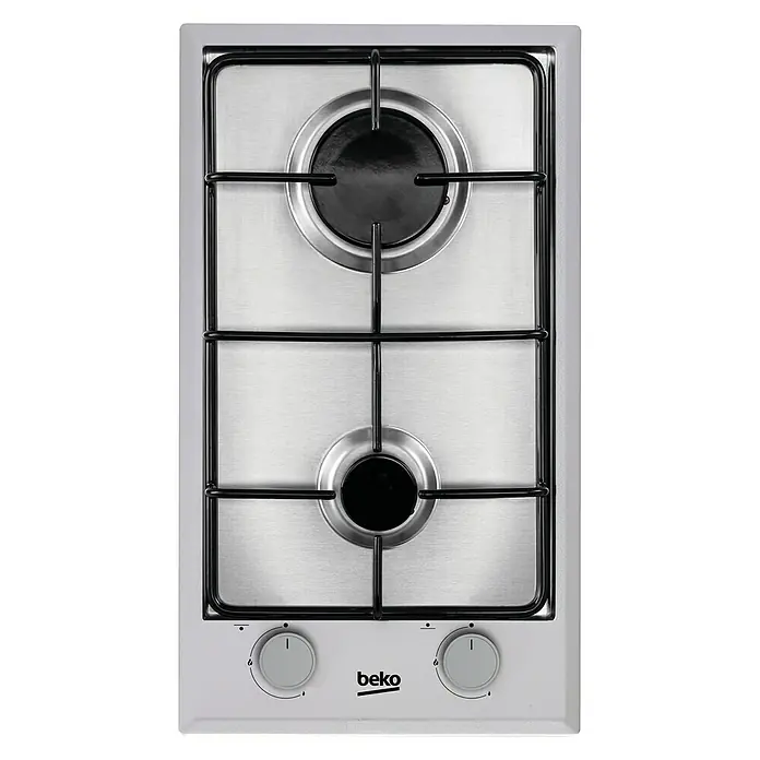 Beko Placa de cocción de gas HDCG 32220 FX - L x An: 51 x 28,8 cm, Número de quemadores de gas: 2 ud. - Imagen de una placa de cocina Beko con dos quemadores y rejilla negra.