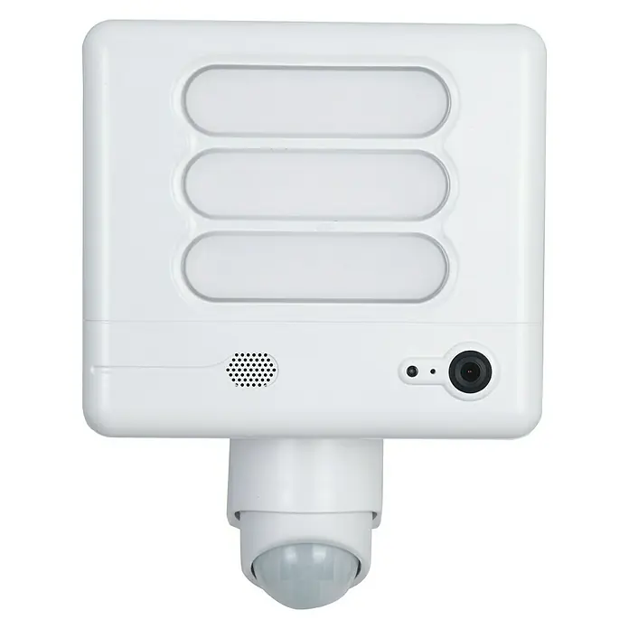 Lutec Proyector LED Esa con sensor y cámara - 25 W, L x An x Al: 19,3 x 20 x 26,8 cm, Blanco, Blanco frío - Primer plano de una cámara de vigilancia blanca con sensor de movimiento y luces LED integradas para mayor seguridad.