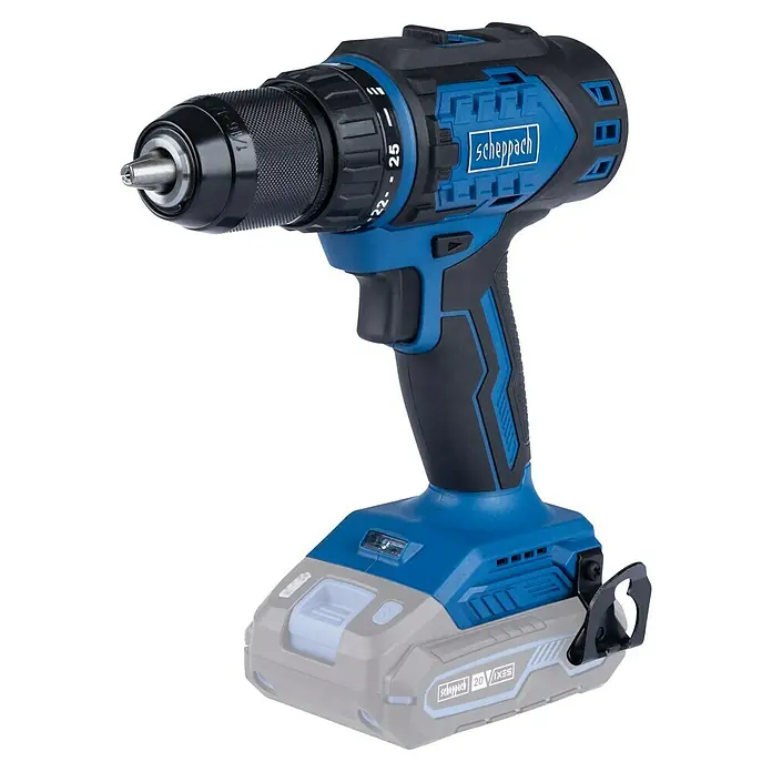 Scheppach IXES 20V Akku-Bohrschrauber BC-DD60-X - 20 V, Ohne Akku, 60 Nm - Abbildung eines Scheppach Akku-Bohrschraubers mit blau-schwarzem Gehäuse und verstellbarem Drehmoment, ideal für Heimwerker und Profis.