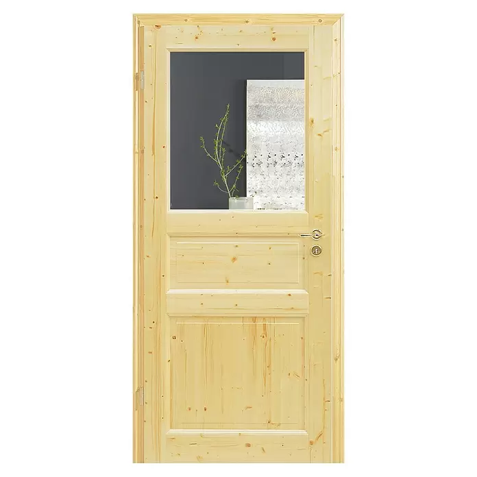 Kilsgaard Landhaustür 02/03-LA - 860 x 1.985 mm, DIN Anschlag: Links, Kiefer natur, Klarglas - Tür aus hellem Kiefernholz mit Klarglas, zwei Holzfüllungen, verchromtem Griff und Schlüsselloch.