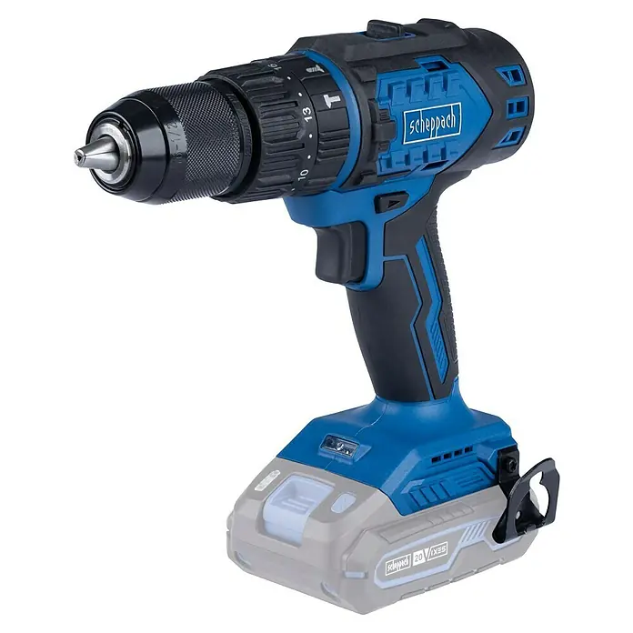 Scheppach IXES 20V Akku-Schlagbohrschrauber BC-CD60-X - 20 V, Ohne Akku, 60 Nm - Abbildung eines Akku-Bohrschraubers der Marke Scheppach mit blau-schwarzem Design und einem 20V-Akku.