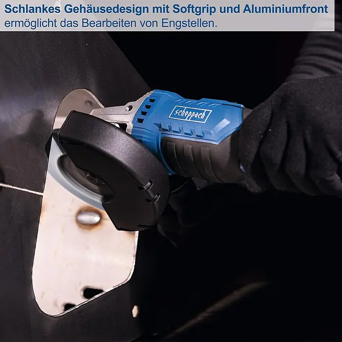 Scheppach IXES 20V Akku-Winkelschleifer C-AG125-X - Ohne Akku, Durchmesser Scheibe: 125 mm - Schlankes Gehäusedesign des Scheppach Winkelschleifers mit Softgrip und Aluminiumfront ermöglicht Arbeiten an Engstellen.