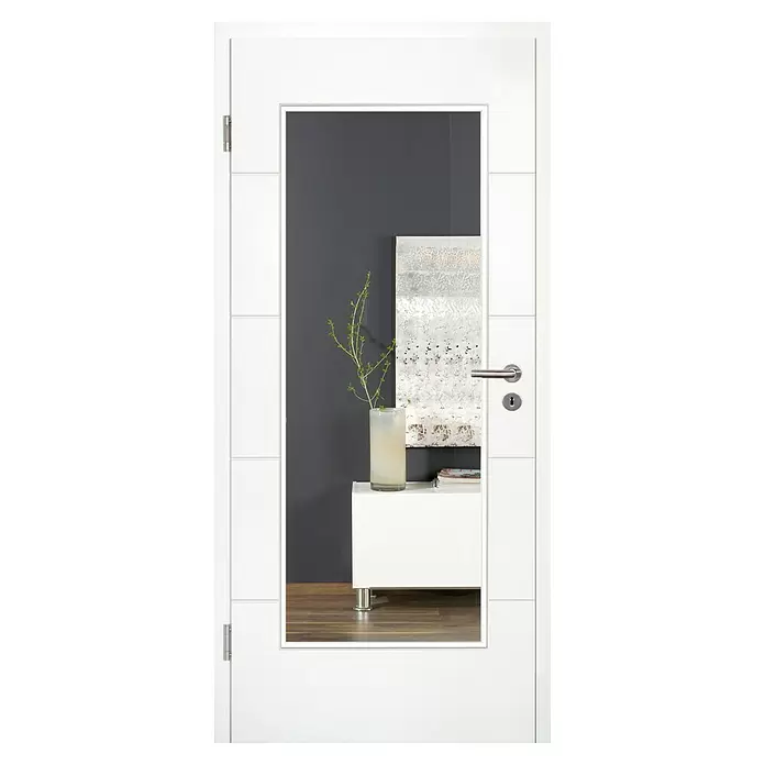 Kilsgaard Zimmertür 17-14F-W-LA - 860 x 1.985 mm, DIN Anschlag: Links, Weiß lackiert, ähnlich RAL 9010, Röhrenspan - Weiße Innentür mit Glasausschnitt, silbernem Griff und Schloss, in modernem Raumambiente.