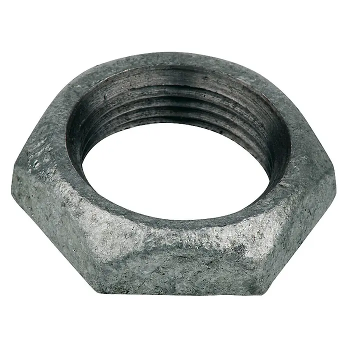 Gegenmutter Nr. 310 - 1″, Verzinkt - Nahaufnahme einer galvanisierten Sechskantmutter, die durch ihre Gewinde und hexagonale Form in industriellen Anwendungen vielseitig einsetzbar ist.
