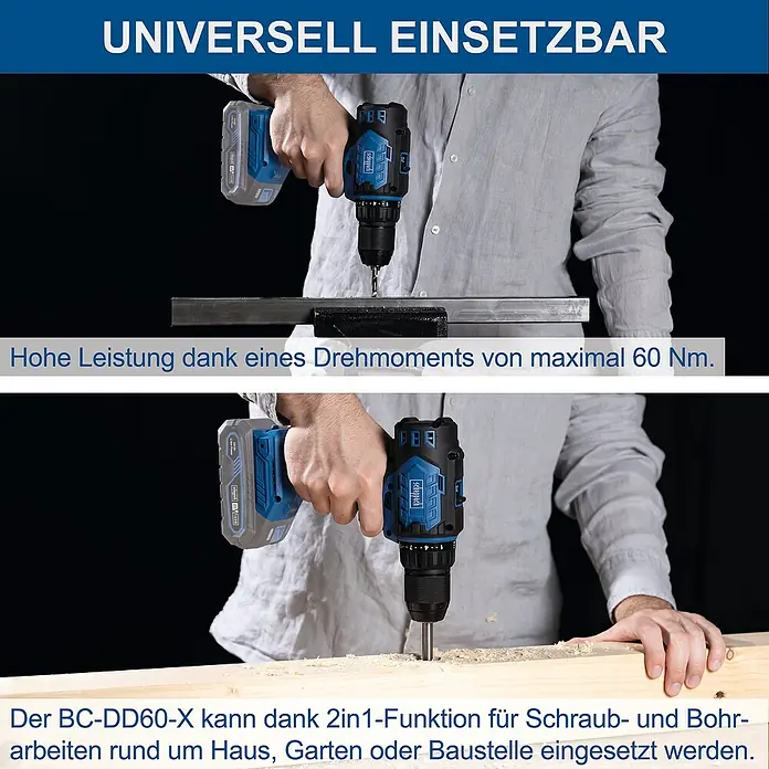 Scheppach IXES 20V Akku-Bohrschrauber BC-DD60-X - 20 V, Ohne Akku, 60 Nm - Akku-Bohrschrauber BC-DD60-X in Aktion, sowohl beim Bohren in Metall als auch in Holz, vielseitig einsetzbar.