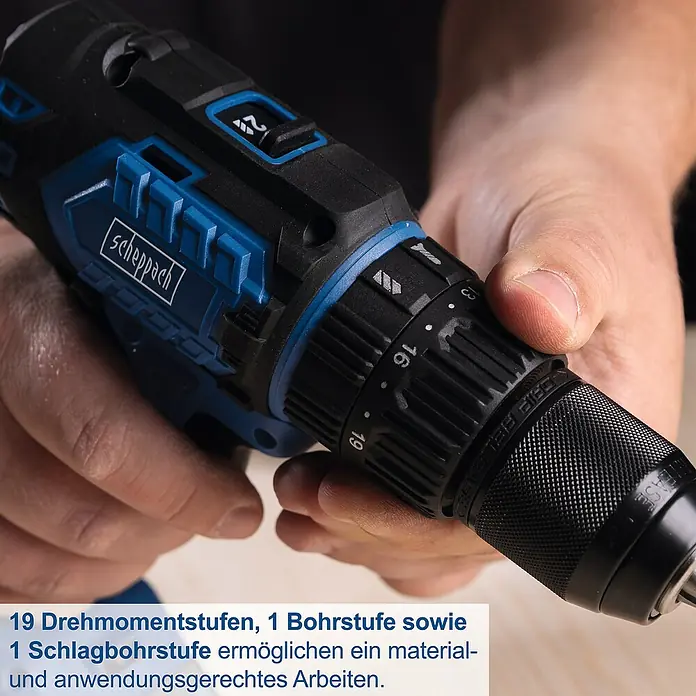 Scheppach IXES 20V Akku-Schlagbohrschrauber BC-CD60-X - 20 V, Ohne Akku, 60 Nm - Nahaufnahme eines Scheppach Akku-Bohrschraubers, der 19 Drehmomentstufen, 1 Bohrstufe und 1 Schlagbohrstufe bietet.