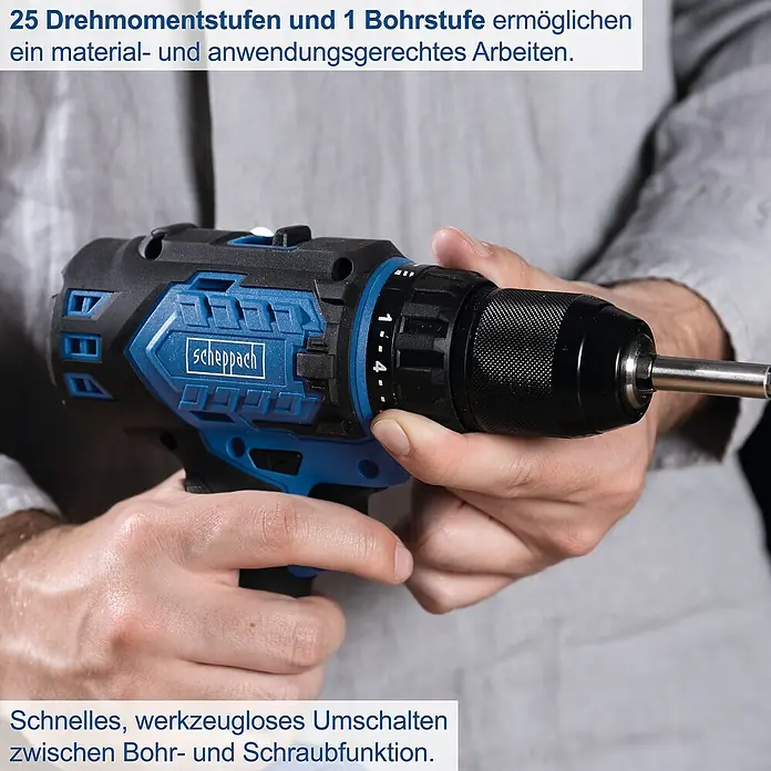 Scheppach IXES 20V Akku-Bohrschrauber BC-DD60-X - 20 V, Ohne Akku, 60 Nm - Akkuschrauber von Scheppach mit 25 Drehmomentstufen und 1 Bohrstufe für materialgerechtes Arbeiten. Schneller Wechsel zwischen Bohren und Schrauben.