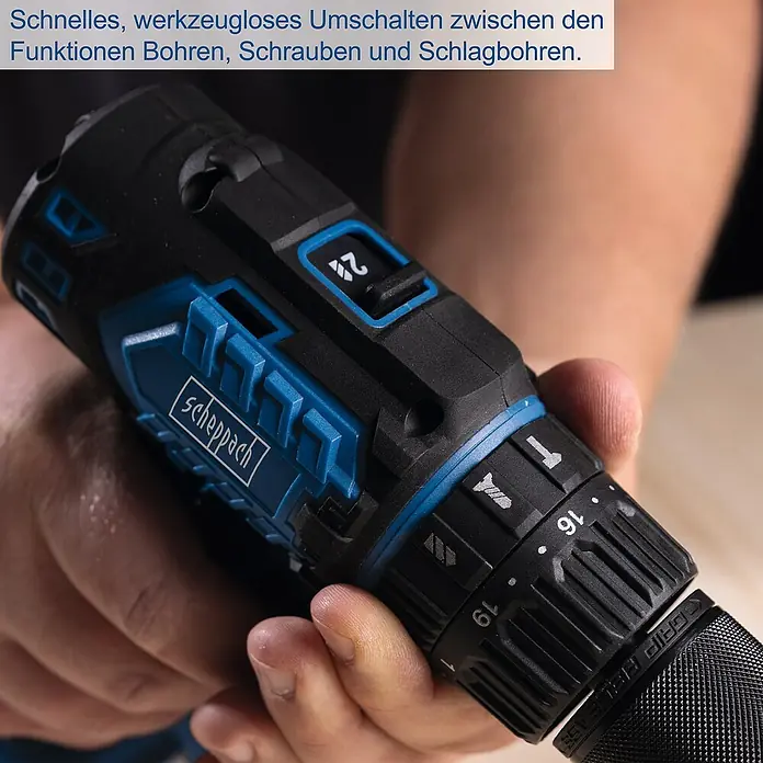 Scheppach IXES 20V Akku-Schlagbohrschrauber BC-CD60-X - 20 V, Ohne Akku, 60 Nm - Nahaufnahme eines Akku-Bohrschraubers von Scheppach mit verschiedenen Bohreinstellungen.