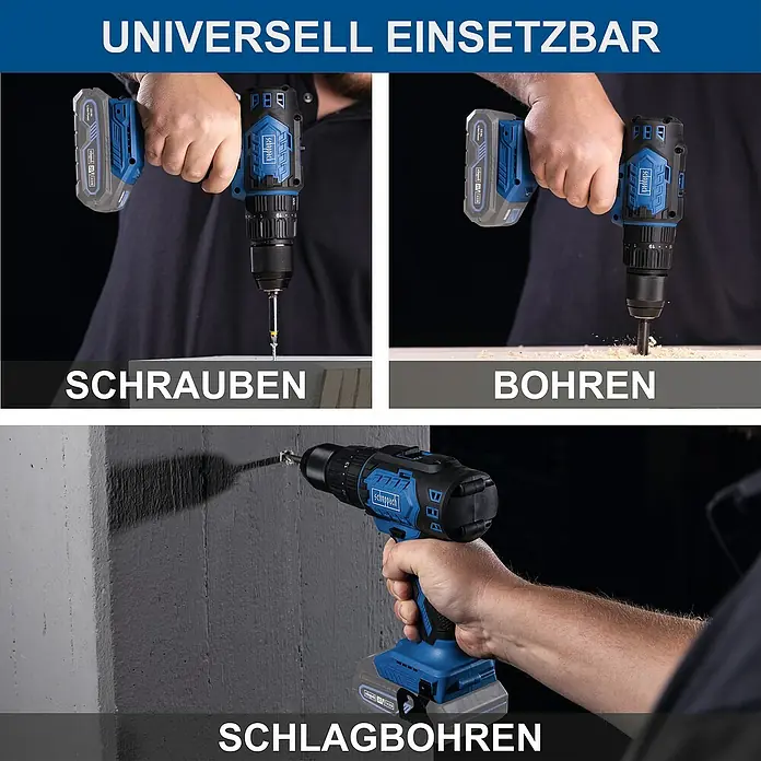 Scheppach IXES 20V Akku-Schlagbohrschrauber BC-CD60-X - 20 V, Ohne Akku, 60 Nm - Scheppach Akku-Bohrschrauber in Aktion: Schrauben, Bohren, Schlagbohren. Vielseitiges Werkzeug für Heimwerker und Profis.