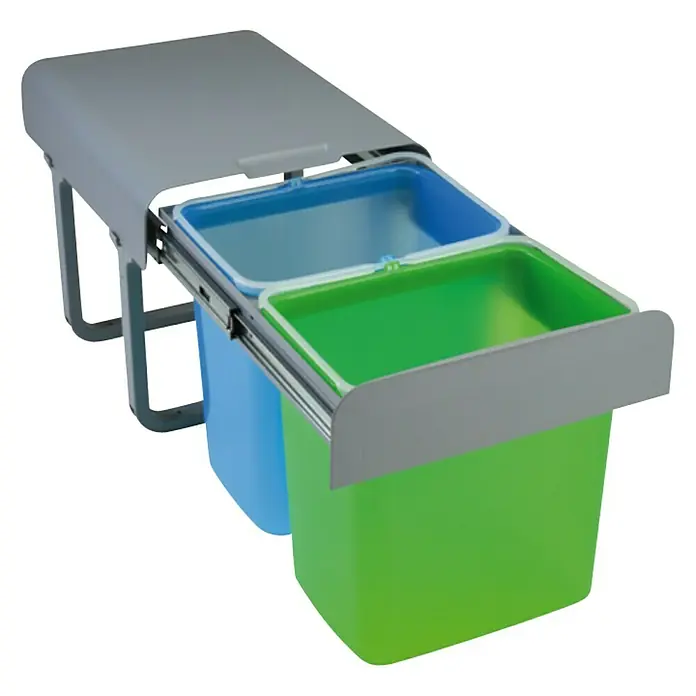 Pyramis Einbaumülleimer Color - 2-fach Trennung, 32 l, Kunststoff, Grau/Grün/Blau - Küchenabfalleimer mit zwei Behältern in Blau und Grün, ideal zur Mülltrennung und platzsparend im Schrank untergebracht.