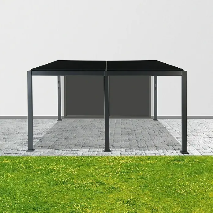 Sunfun Pérgola adosada Palma - An x Pr: 400 x 300 cm, Antracita, Aluminio - La imagen muestra una pérgola moderna con techo negro en un patio con césped en primer plano. Diseño elegante para el jardín.