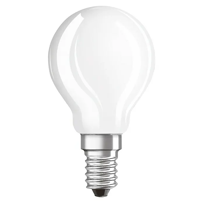 Osram Retrofit LED-Lampen Set Tropfenform E14 matt - E14, Nicht Dimmbar, Warmweiß, 470 lm, 4 W, Matt - Nahaufnahme einer matten LED-Glühbirne mit E14-Sockel, die ein weiches, diffuses Licht für eine angenehme Atmosphäre bietet.
