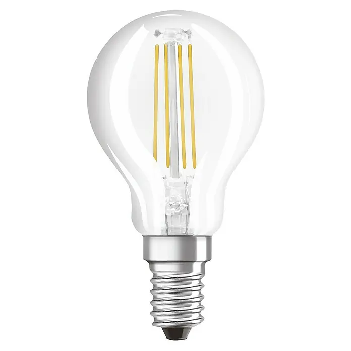 Osram Retrofit LED-Lampen Set Tropfenform E14 klar - E14, Nicht Dimmbar, Warmweiß, 470 lm, 4 W, 2 Stk. - Nahaufnahme einer E14 LED Lampe mit klarem Glaskolben, die die filmentartige Struktur zeigt. Moderne und energiesparende Beleuchtungslösung.