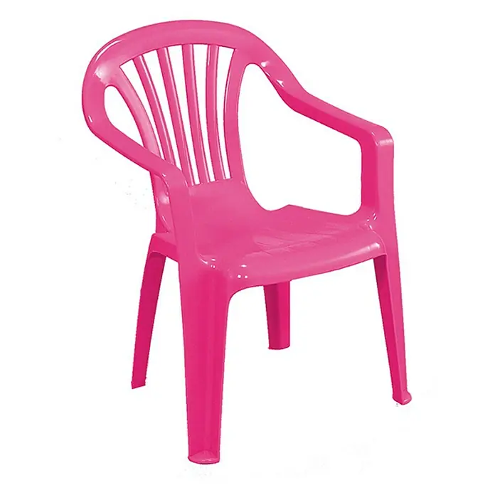 Progarden Kinder-Gartenstuhl Camelia - Stapelbar, Pink, B x T x H: 38 x 38 x 52 cm - Ein pinkfarbener Kunststoff-Kinderstuhl mit Armlehnen und vertikalen Streben in der Rückenlehne, isoliert auf einem weißen Hintergrund.