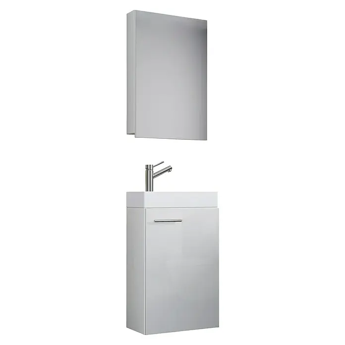 VCM Badmöbel-Set SPS - Gesamtbreite Badmöbel: 41 cm, Weiß, Glänzend, 3 -tlg. - Weißer Badezimmerschrank mit Spiegelschrank und Armatur. Elegantes Design für moderne Badezimmer.
