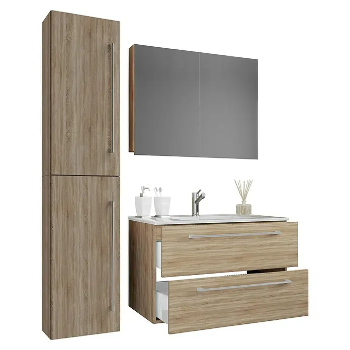 VCM Badinos Badmöbel-Set SPS - 61 cm, Sonoma-Eiche - Badezimmerset mit hochglänzendem Spiegel, Waschtischunterschrank mit Schubladen und einem passenden Seitenschrank in Holzoptik für mehr Stauraum.