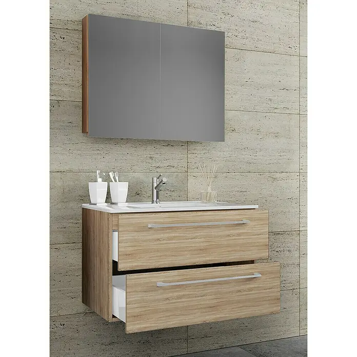 VCM Badinos Badmöbel-Set SPS - 60 cm, Sonoma-Eiche, 3 -tlg. - Moderne Badezimmerwaschtischkombination mit Holzoptik und Spiegelschrank für ein stilvolles Ambiente.