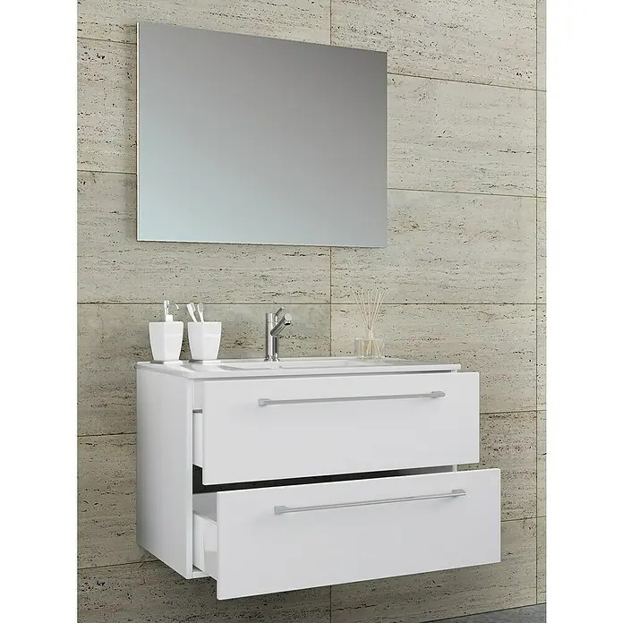 VCM Badinos Badmöbel-Set - 80 cm, Weiß, 3 -tlg. - Bild eines modernen, weißen Badezimmerschranks mit zwei Schubladen und einem Spiegel an der Wand.