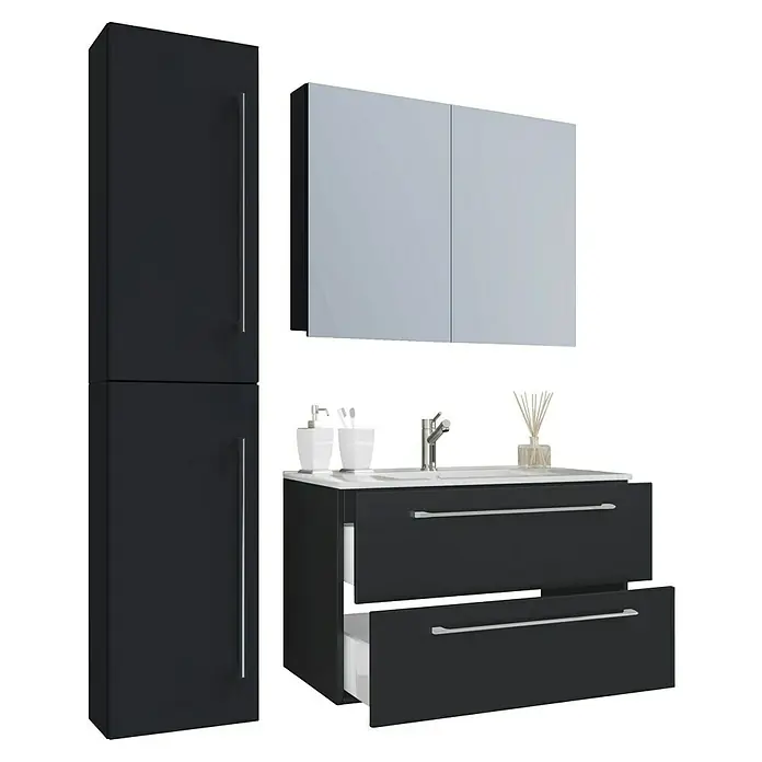 VCM Badinos Badmöbel-Set SPS - 61 cm, Schwarz - Schwarzer Waschtischunterschrank mit Schubladen, Hochschrank und Spiegelschrank für ein modernes Badezimmer.