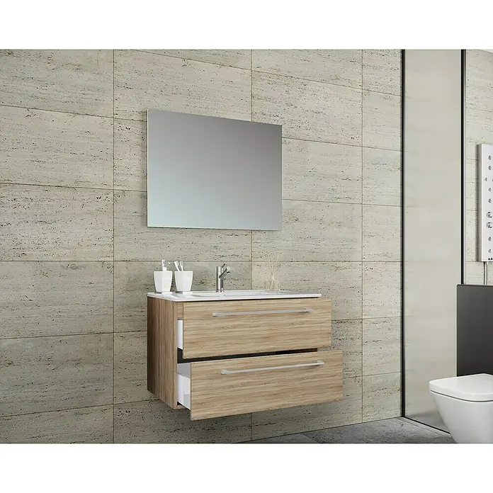 VCM Badinos Badmöbel-Set - 80 cm, Sonoma-Eiche, 3 -tlg. - Ein Badezimmerwaschtisch mit zwei Schubladen in Holzoptik und einer großen Spiegelfläche darüber, kombiniert mit moderner Badezimmerausstattung.