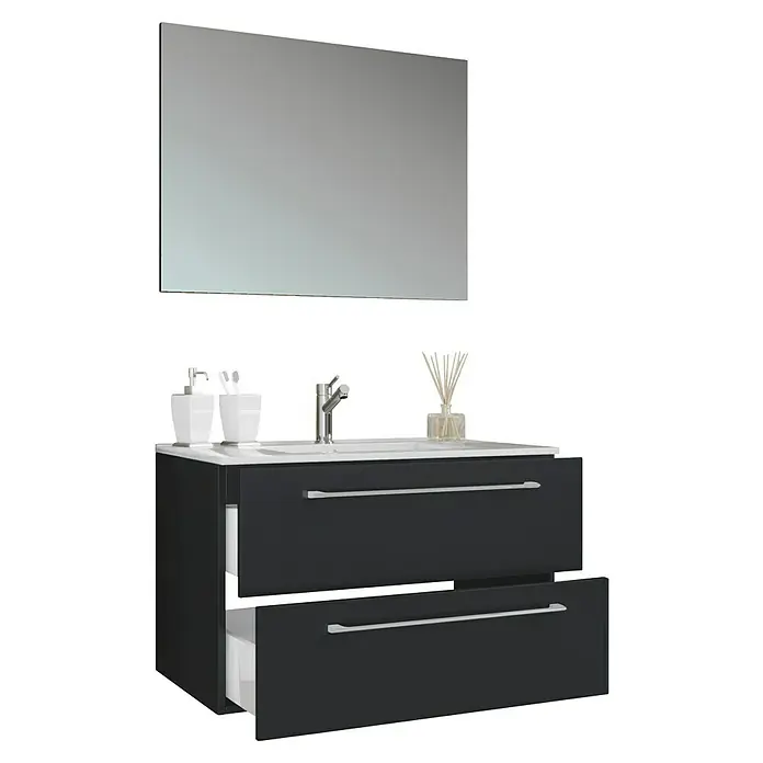 VCM Badinos Badmöbel-Set - 60 cm, Schwarz, 3 -tlg. - Bild eines modernen Badezimmerschranks mit Waschbecken, Spiegel, Seifenspender und Schubladen.