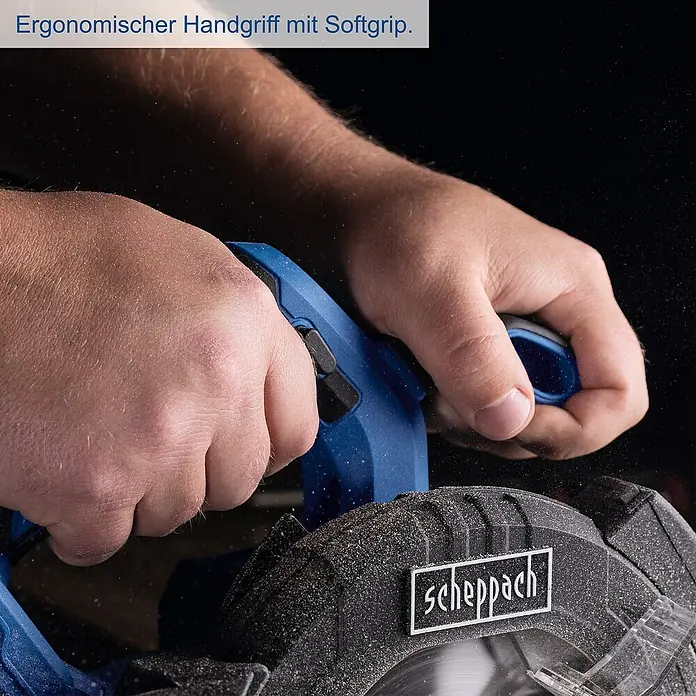 Scheppach IXES 20V Akku-Handkreissäge C-HCS165-X - 20 V, Durchmesser Sägeblatt: 165 mm - Ergonomischer Handgriff mit Softgrip einer Scheppach Handkreissäge für komfortables und sicheres Arbeiten bei Holzarbeiten.