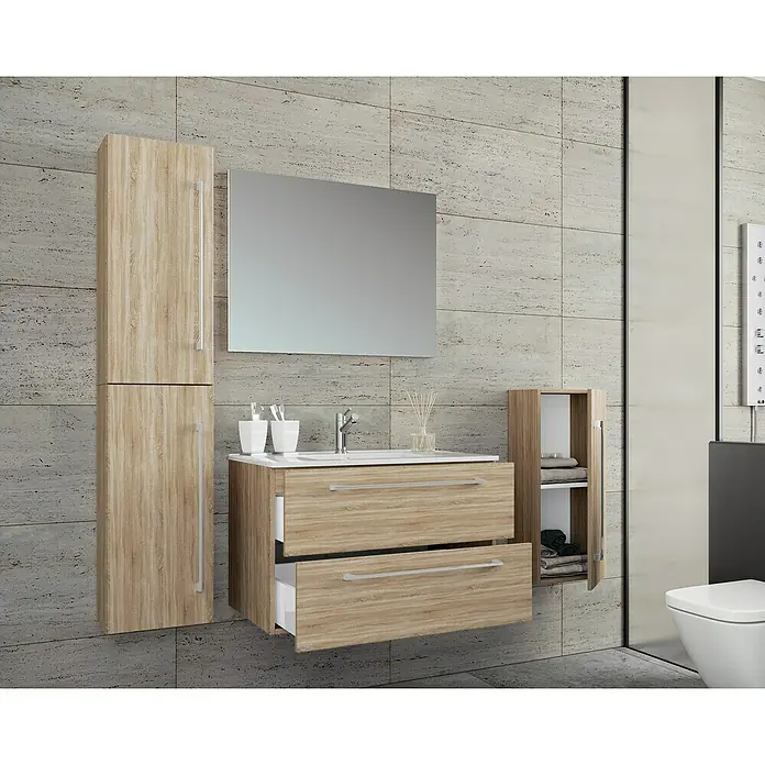 VCM Badinos Badmöbel-Set - 60 cm, Sonoma-Eiche, 5 -tlg. - Badezimmer mit modernem Waschtischunterschrank, Spiegelschrank, Hochschrank und offenem Regal.
