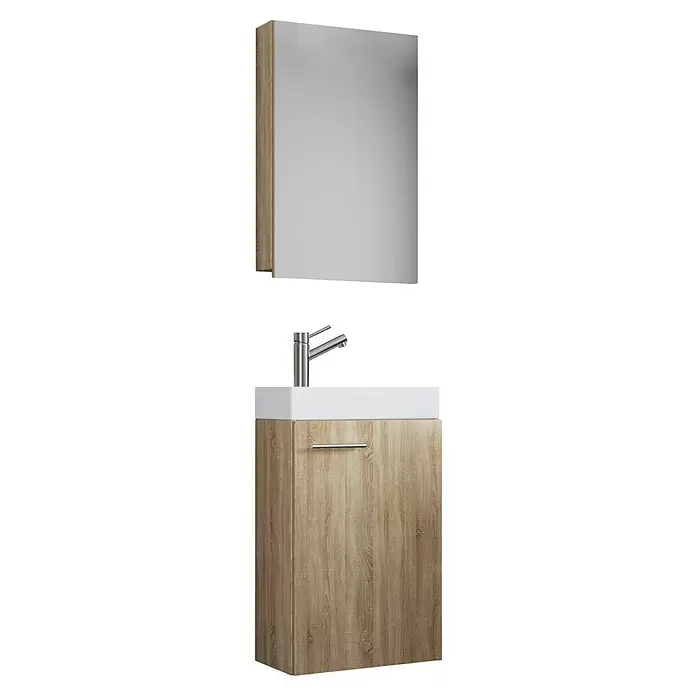 VCM Badmöbel-Set SPS - Gesamtbreite Badmöbel: 41 cm, Sonoma-Eiche, Matt, 3 -tlg. - Badezimmermöbel-Set aus hellem Holz mit weißem Waschbecken, Chromarmatur und Spiegelschrank.