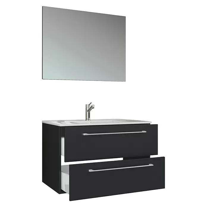 VCM Badinos Badmöbel-Set - 80 cm, Schwarz, 3 -tlg. - Dunkelgrauer Badunterschrank mit Waschbecken, Chromarmatur und Spiegel. Zwei offene Schubladen mit Chromgriffen.