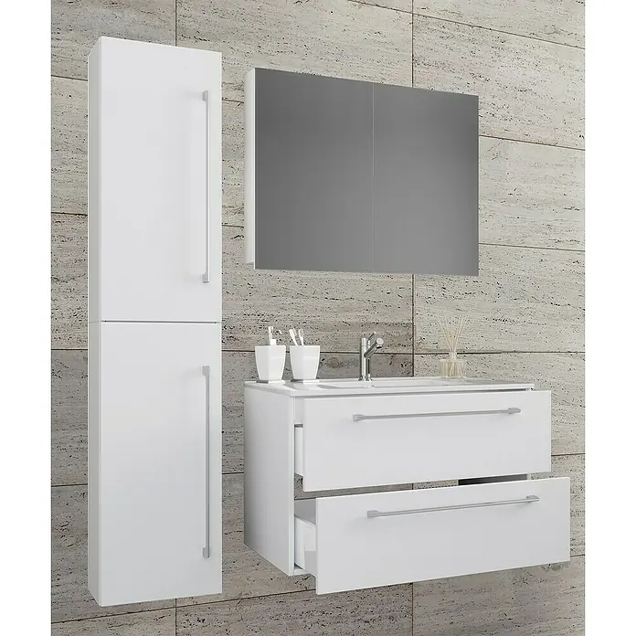 VCM Badinos Badmöbel-Set SPS - 61 cm, Weiß - Modernes Badezimmer-Set mit Spiegelschrank, Waschbeckenunterschrank mit Schubladen und Hochschrank in Weiß. Stilvolles Design für Ihr Bad.