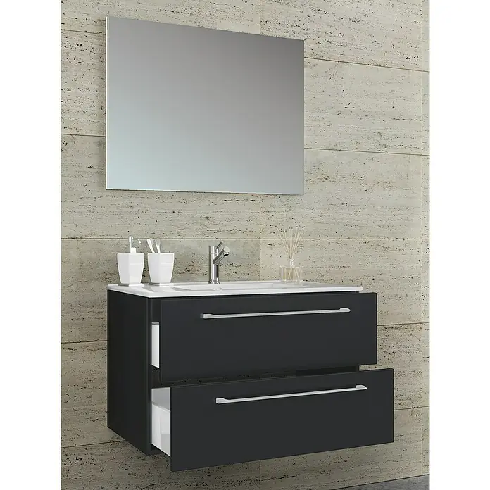 VCM Badinos Badmöbel-Set80 cm, Schwarz, 3 -tlg. - Elegantes Badezimmer-Waschbecken mit zwei Schubladen und einem großen Spiegel an einer strukturierten Wand.