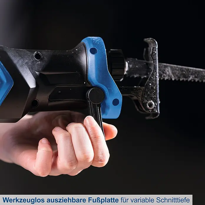 Scheppach IXES 20V Akku-Säbelsäge BC-RS250-X - 20 V, Hublänge: 28 mm - Werkzeuglose, ausziehbare Fußplatte für variable Schnitttiefe. Ermöglicht flexible Anpassung der Schnitttiefe je nach Bedarf.