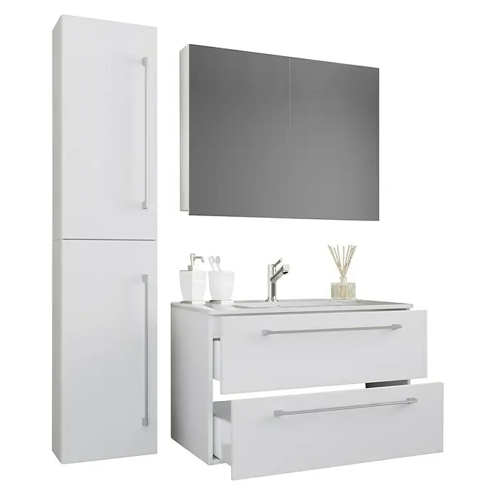 VCM Badinos Badmöbel-Set SPS - 61 cm, Weiß - Badezimmermöbel-Set in Weiß mit Waschbeckenunterschrank, Spiegelschrank und Hochschrank für ein modernes Badezimmerdesign.