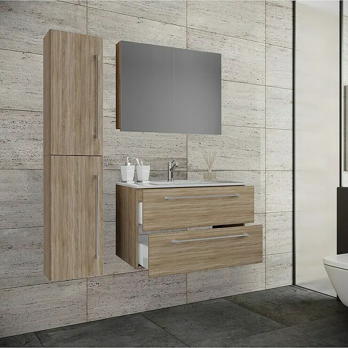 VCM Badinos Badmöbel-Set SPS - 61 cm, Sonoma-Eiche - Moderne Badezimmereinrichtung mit Holzschrank, Waschtischunterschrank mit Auszügen und Spiegelschrank vor einer stilvollen Wand.