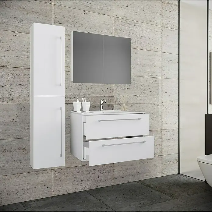 VCM Badinos Badmöbel-Set SPS81 cm, Weiß - Moderne Badezimmer-Waschtischkombination in Weiß mit Spiegelschrank und Hochschrank für stilvolle Badgestaltung.