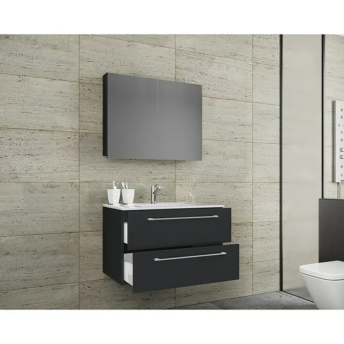 VCM Badinos Badmöbel-Set SPS - 80 cm, Schwarz, 3 -tlg. - Elegantes Badezimmer-Ensemble mit einem modernen Waschbeckenunterschrank in Anthrazit und einem stilvollen Spiegelschrank.