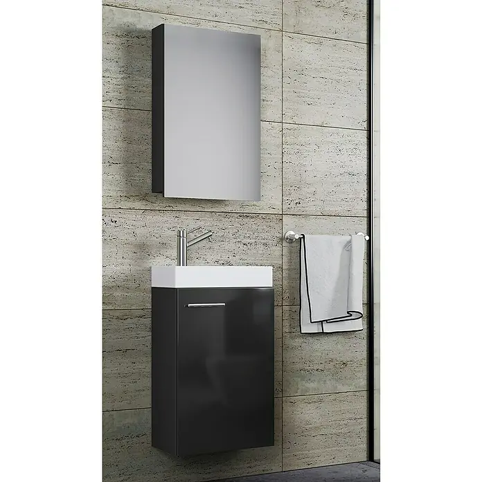VCM Badmöbel-Set SPS - Gesamtbreite Badmöbel: 41 cm, Schwarz, Glänzend, 3 -tlg. - Elegantes Badezimmer mit einem schwarzen Waschtischunterschrank, einem weißen Aufsatzwaschbecken und einem passenden Spiegelschrank.