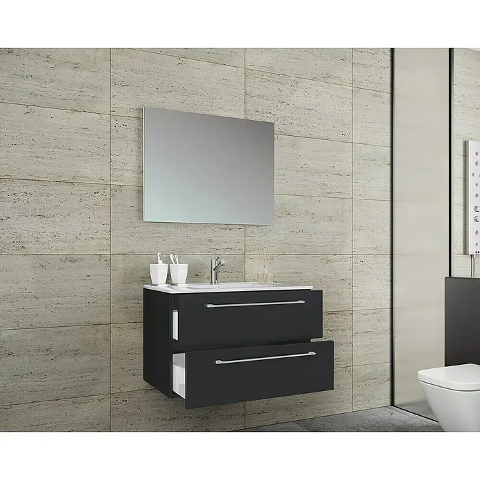 VCM Badinos Badmöbel-Set - 80 cm, Schwarz, 3 -tlg. - Modernes Badezimmer mit schwarzem Waschtischunterschrank und rechteckigem Spiegel an einer strukturierten Wand.