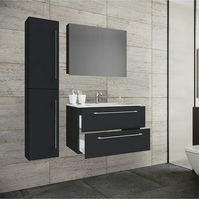VCM Badinos Badmöbel-Set SPS - 61 cm, Schwarz - Elegantes Badezimmer-Set mit schwarzem Waschtischunterschrank, Hochschrank und Spiegelschrank. Modernes Design für stilvolle Badezimmergestaltung.