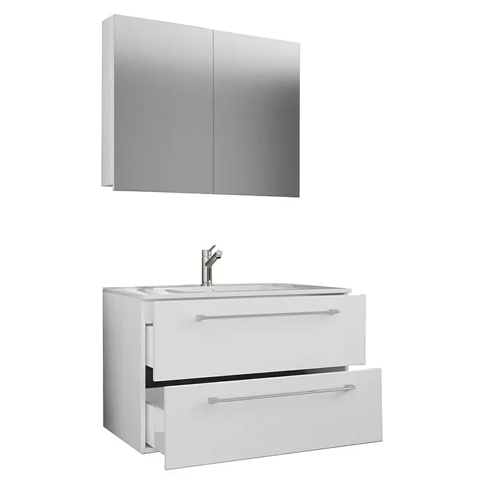 VCM Badinos Badmöbel-Set SPS - 80 cm, Weiß, 3 -tlg. - Modernes Badezimmer-Waschbecken mit weißen Unterschränken und Spiegelschrank für ein stilvolles Badezimmer-Ambiente.