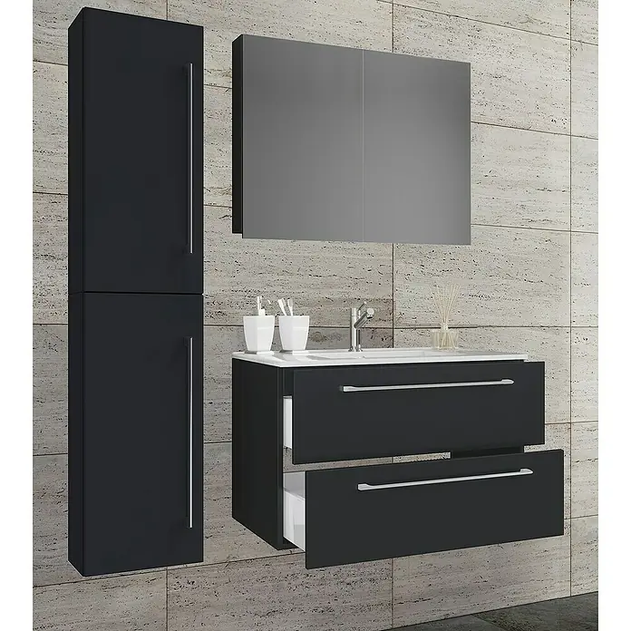 VCM Badinos Badmöbel-Set SPS - 61 cm, Schwarz - Badezimmer-Set mit Hochschrank, Waschtisch mit Schubladen und Spiegelschrank in modernem Design. Elegantes Badmöbel-Ensemble in Schwarz.