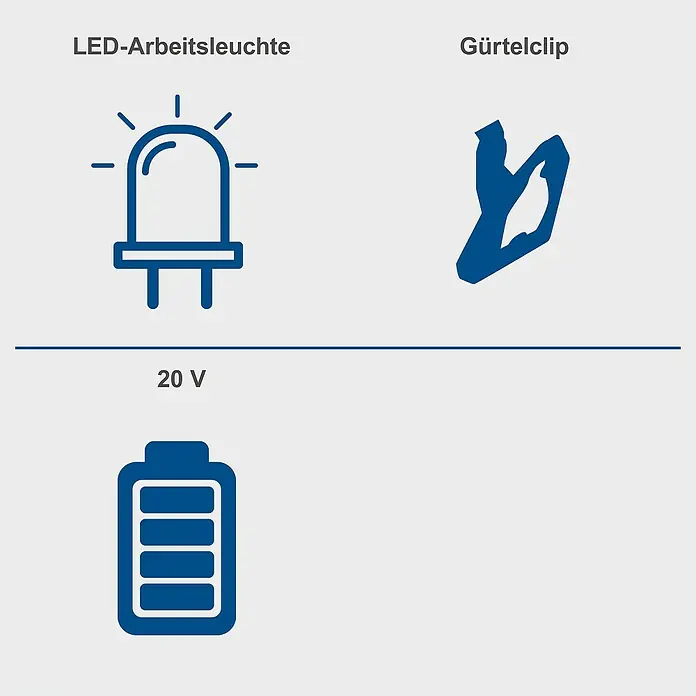 Scheppach IXES 20V Akku-Schlagschrauber C-ID180-X - 20 V, Ohne Akku, 180 Nm - Illustration einer LED-Arbeitsleuchte, eines Gürtelclips und einer 20-V-Batterie.