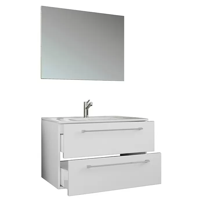 VCM Badinos Badmöbel-Set - 80 cm, Weiß, 3 -tlg. - Weißer Badunterschrank mit integriertem Waschbecken, Chromarmatur und passendem Spiegel. Eine Schublade ist offen.