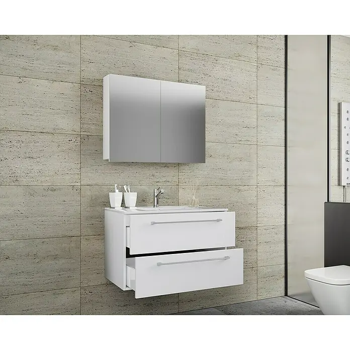 VCM Badinos Badmöbel-Set SPS - 80 cm, Weiß, 3 -tlg. - Badezimmerwaschtisch mit zwei Schubladen und Spiegelschrank. Modernes Design mit eleganten Griffen und klaren Linien.