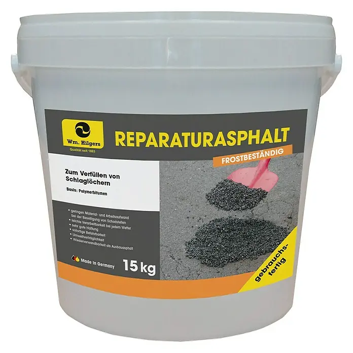 Reparatur-Asphalt - 15 kg, Gebrauchsfertig - Eimer Reparaturasphalt von Wm. Hilgers, frostbeständig und gebrauchsfertig, ideal zum Ausbessern von Schlaglöchern und anderen Asphaltreparaturen.