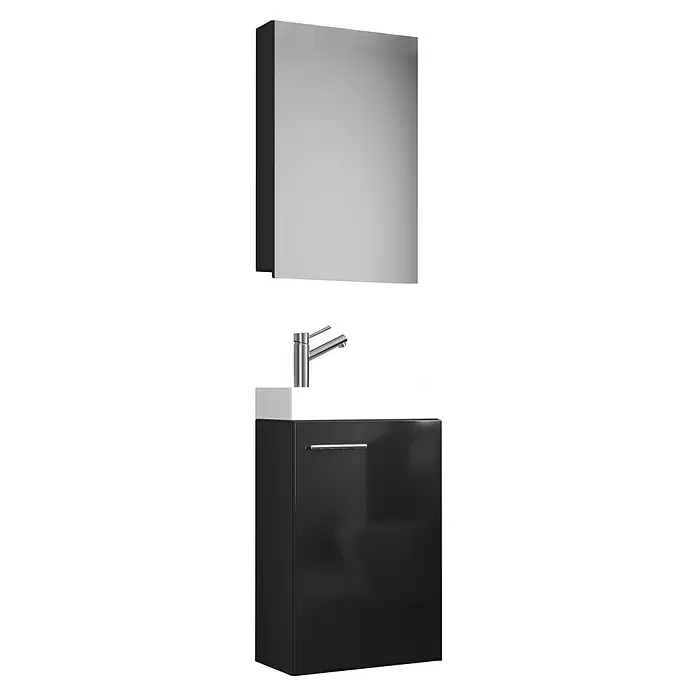 VCM Badmöbel-Set SPS - Gesamtbreite Badmöbel: 41 cm, Schwarz, Glänzend, 3 -tlg. - Schwarzer Badunterschrank mit weißem Waschbecken, Chrom-Armatur und passendem Spiegelschrank.